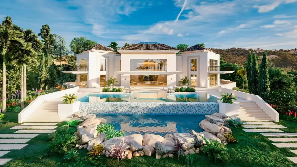 Villa en La Zagaleta (Benahavís): fachada blanca con piscina de roca y jardín tropical