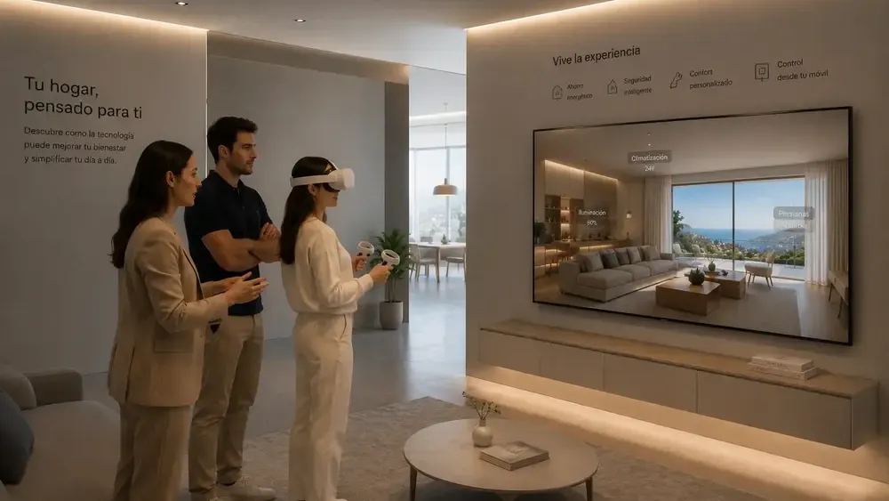 Pareja probando tour VR con asesora en sala de ventas