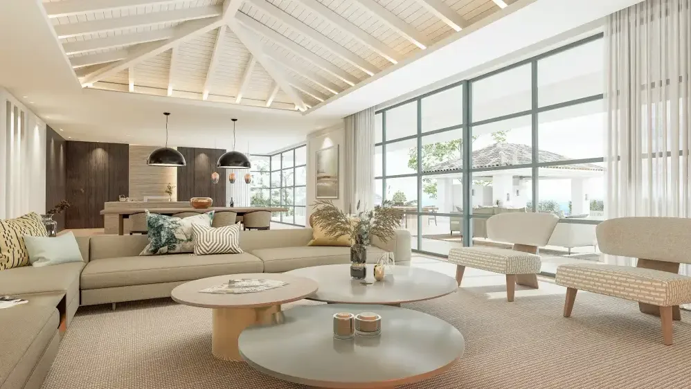 Residencia Pino: salón con techo de madera y grandes ventanales