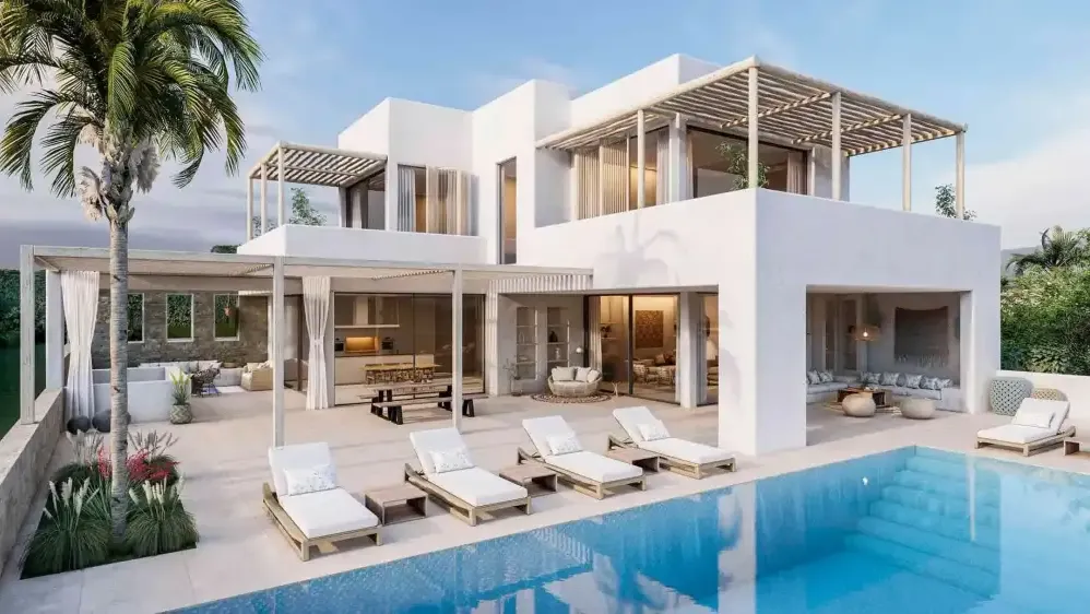 Villa Atalaya: villa blanca con pérgolas y piscina