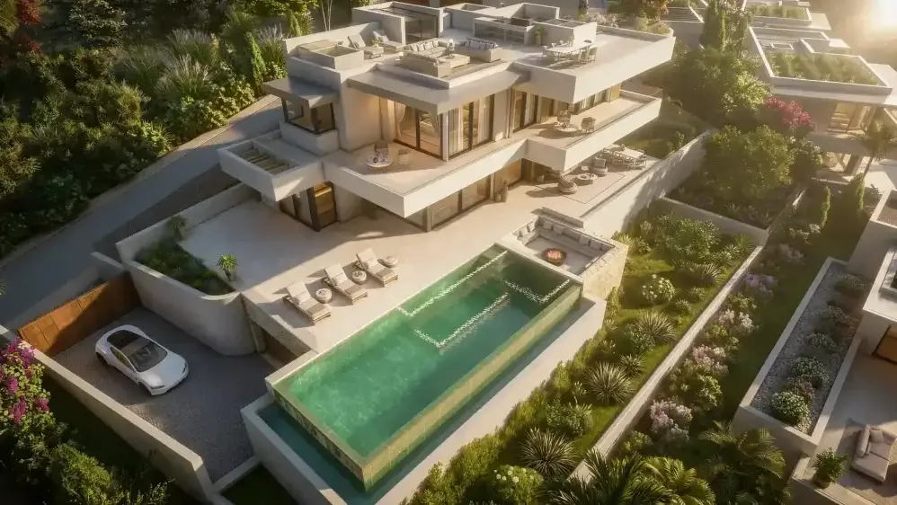 Villa Soal: aerial view of a terraced villa with infinity pool