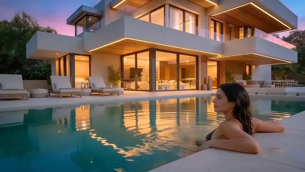 Villa contemporánea con piscina al anochecer y escena de lifestyle