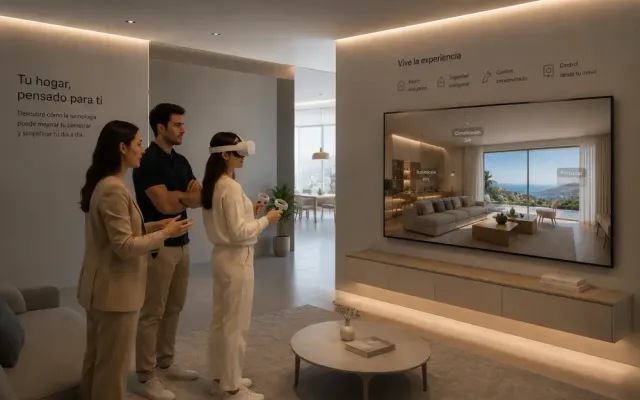 Pareja probando tour VR con asesora en sala de ventas