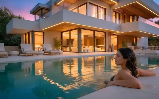 Contemporary villa with pool at dusk and lifestyle scene