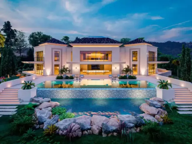 La Zagaleta villa at dusk with exterior lighting