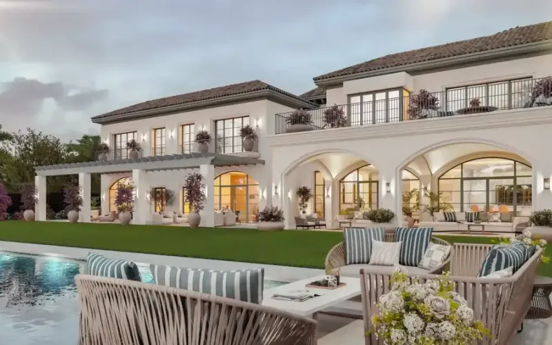 Villa Cerquilla: fachada al jardín con porches en arco, piscina y zona de estar exterior