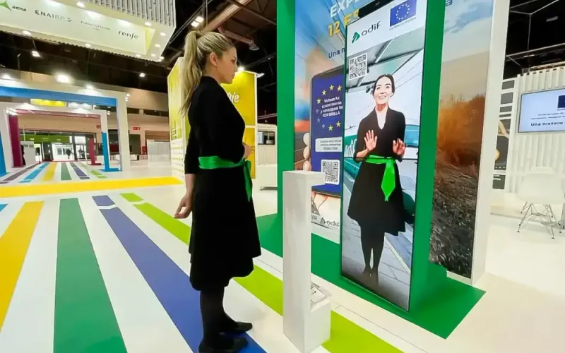 Stand con avatares digitales y visitante en feria