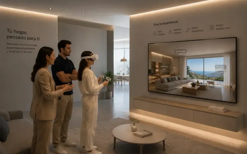 Pareja probando tour VR con asesora en sala de ventas