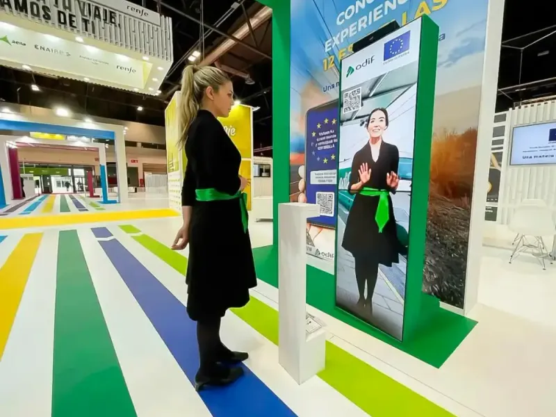 Azafata virtual en pantalla vertical controlada con Leap Motion en el stand de MITMA