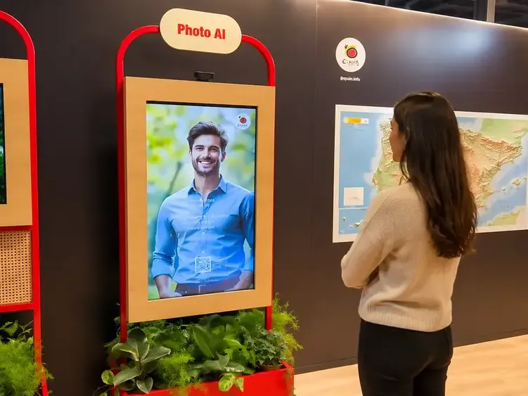 Turespaña Photo AI: tótem con el visitante en un paisaje de España y mapa de destinos en el stand