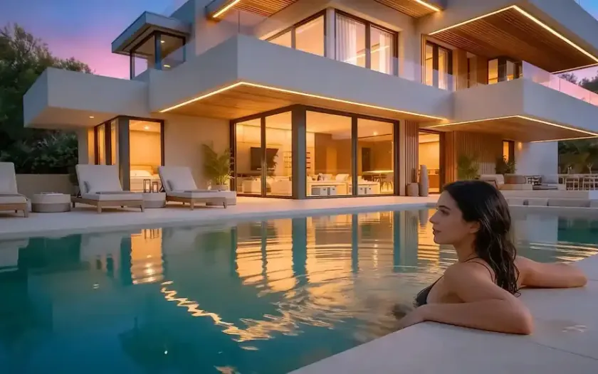 Villa contemporánea con piscina al anochecer y escena de lifestyle