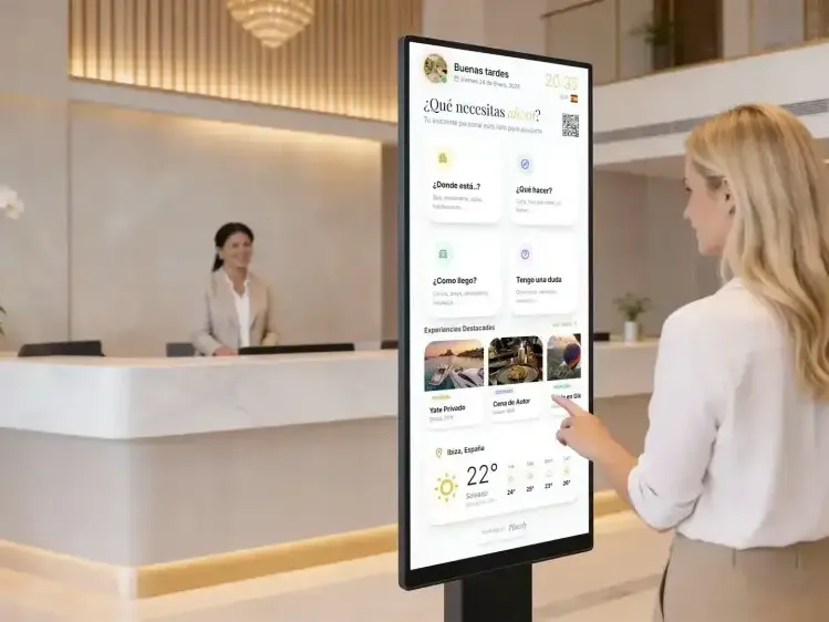 Placely: home screen with services, experiences and local weather in a hotel reception