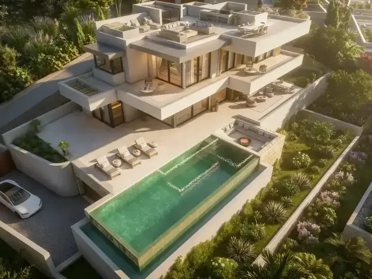 Villa Soal (Marbella): aerial view of a terraced villa with infinity pool