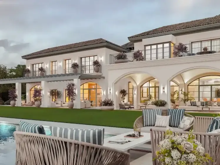 Villa Cerquilla: fachada al jardín con porches en arco, piscina y zona de estar exterior