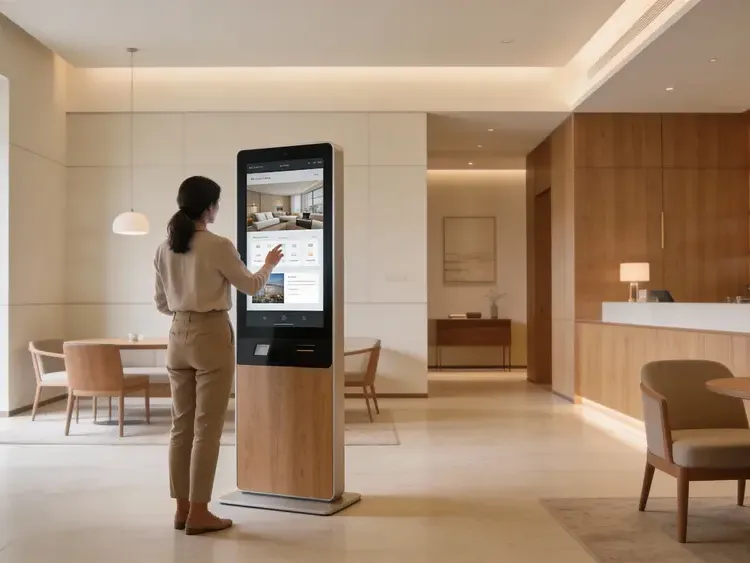 Placely: tótem táctil con asistente IA en la recepción de un hotel