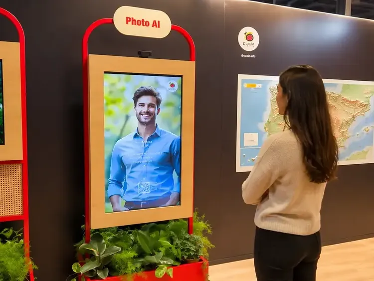 Turespaña Photo AI: tótem con el visitante en un paisaje de España y mapa de destinos en el stand