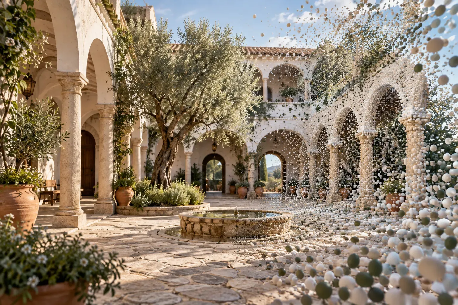 Mediterranean courtyard transitioning into a representation of suspended 3D points and ellipsoids