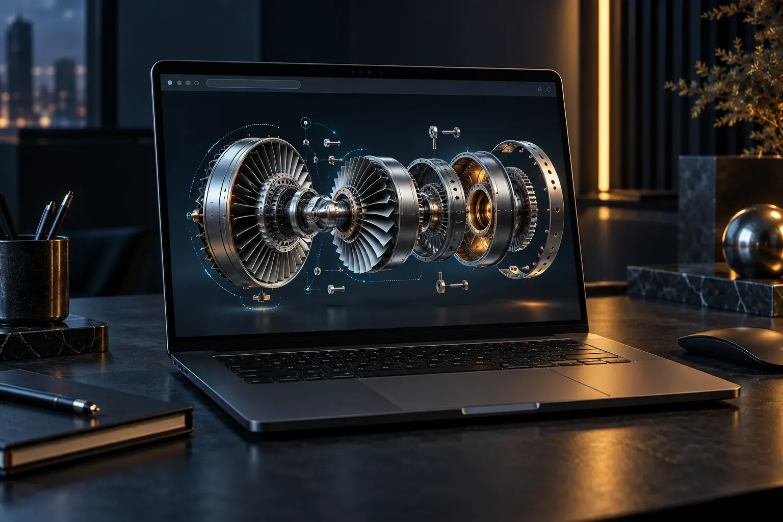 A laptop running a 3D application with an exploded turbine assembly and cyan-lit details