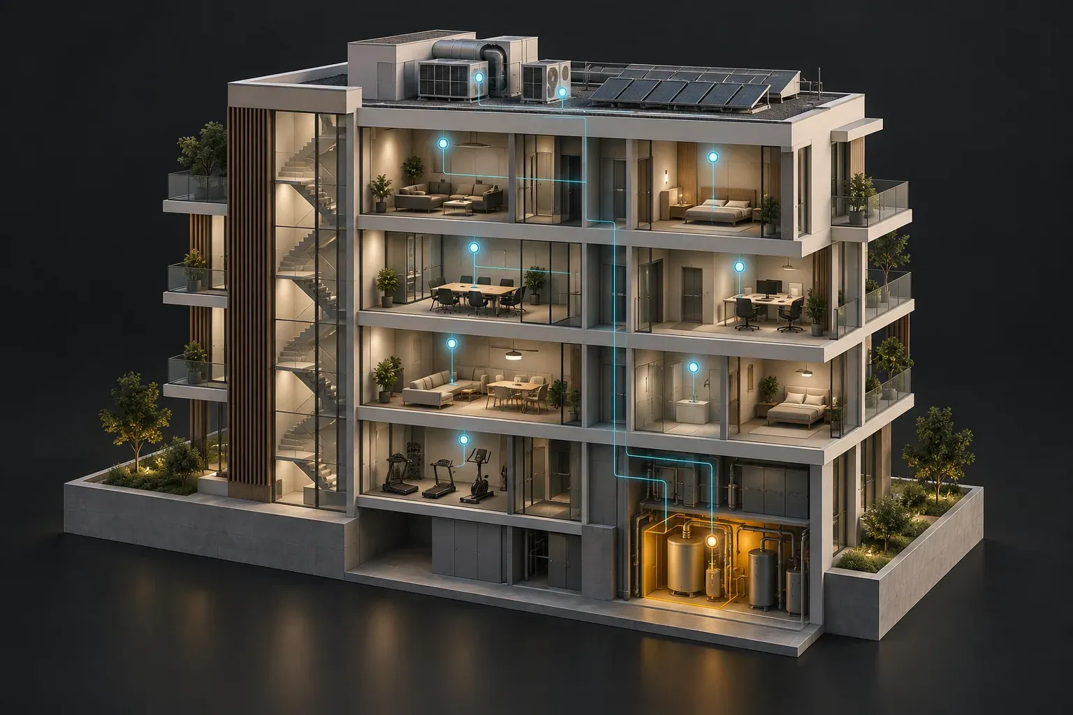 Maqueta de un edificio con sensores conectados y una zona de mantenimiento destacada