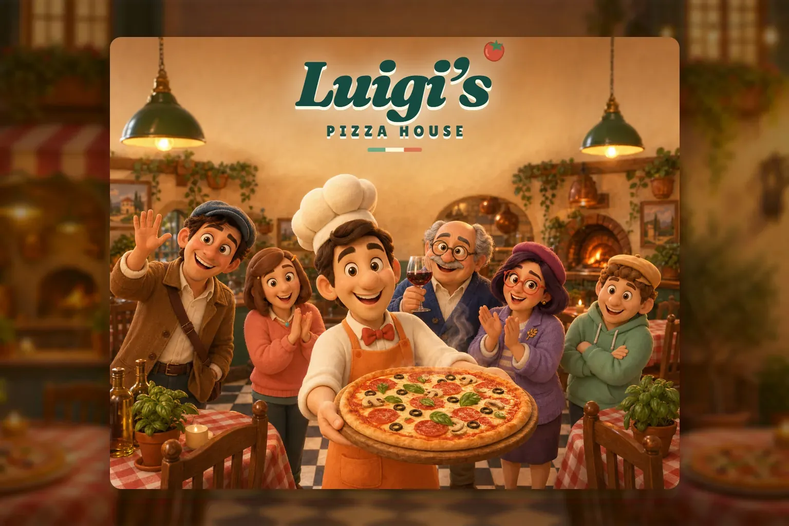 Luigi con una pizza recién hecha rodeado de los vecinos de su pizzería en Luigi's Pizza House