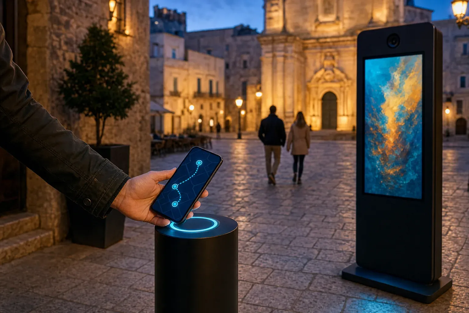 Hand holding a phone against a glowing checkpoint of a treasure hunt in a historic square at dusk, with an AI photo kiosk in the background