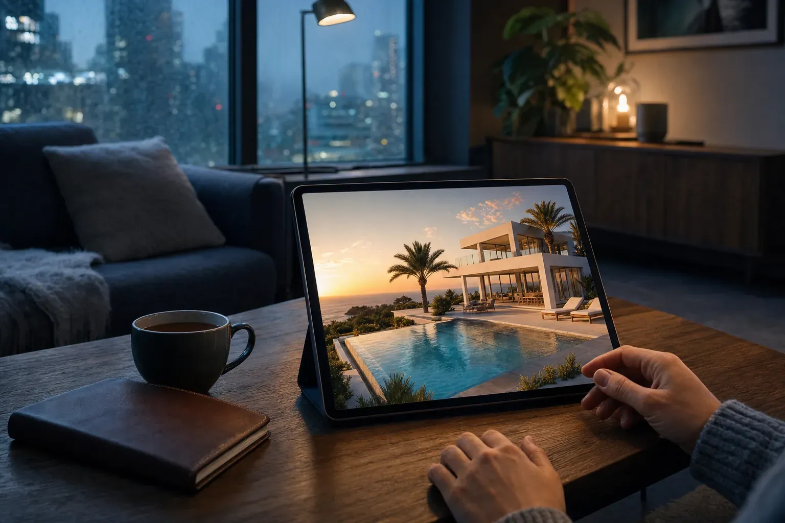 Tablet on a living-room table on a rainy night, its screen showing a render of a Mediterranean villa with a pool at sunset
