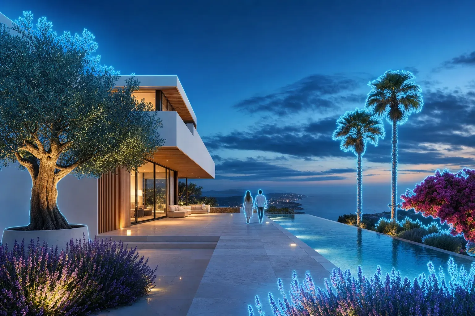 Mediterranean villa terrace at blue hour: the architecture stays untouched while the olive tree, palms, lavender and two figures are highlighted with a cyan selection outline