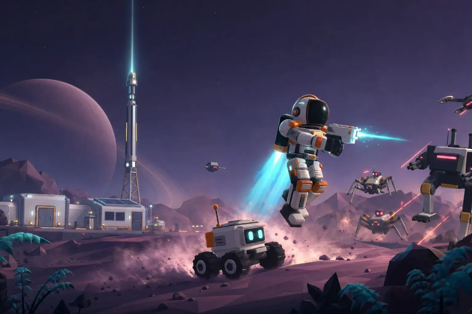 Técnico con jetpack disparando junto a un rover frente a la estación Beacon 9 y su baliza encendida, con drones y un caminante de combate al fondo