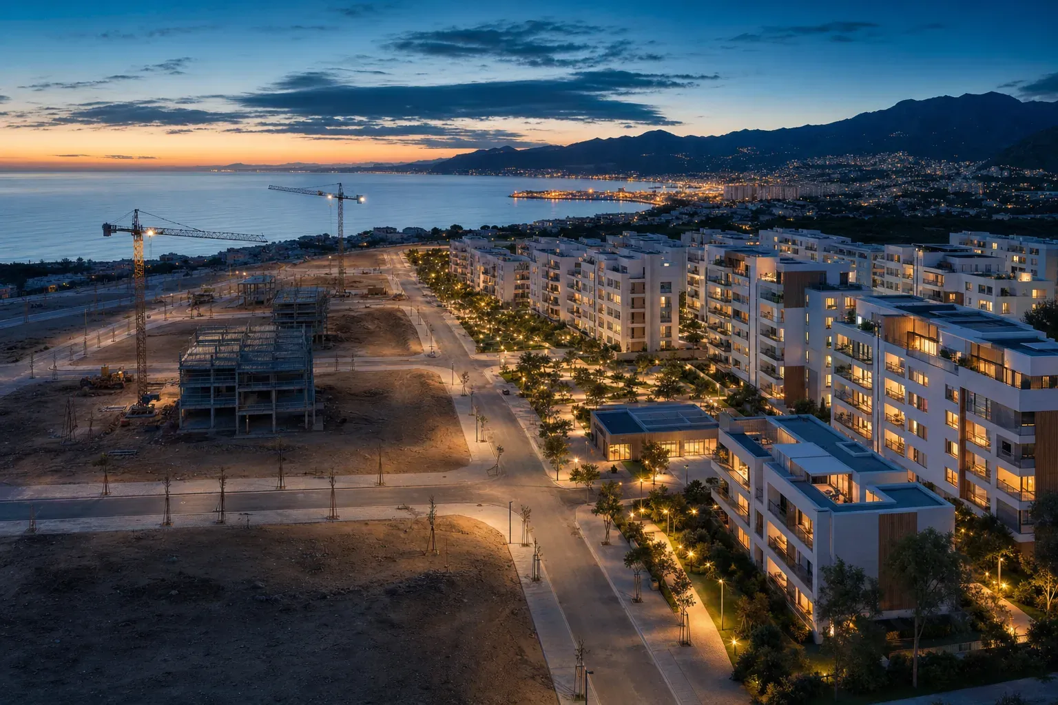 Vista aérea al anochecer de un barrio nuevo junto al mar: a la izquierda, solares, estructuras y grúas en obra; a la derecha, las mismas calles terminadas con bloques de viviendas iluminados y un parque