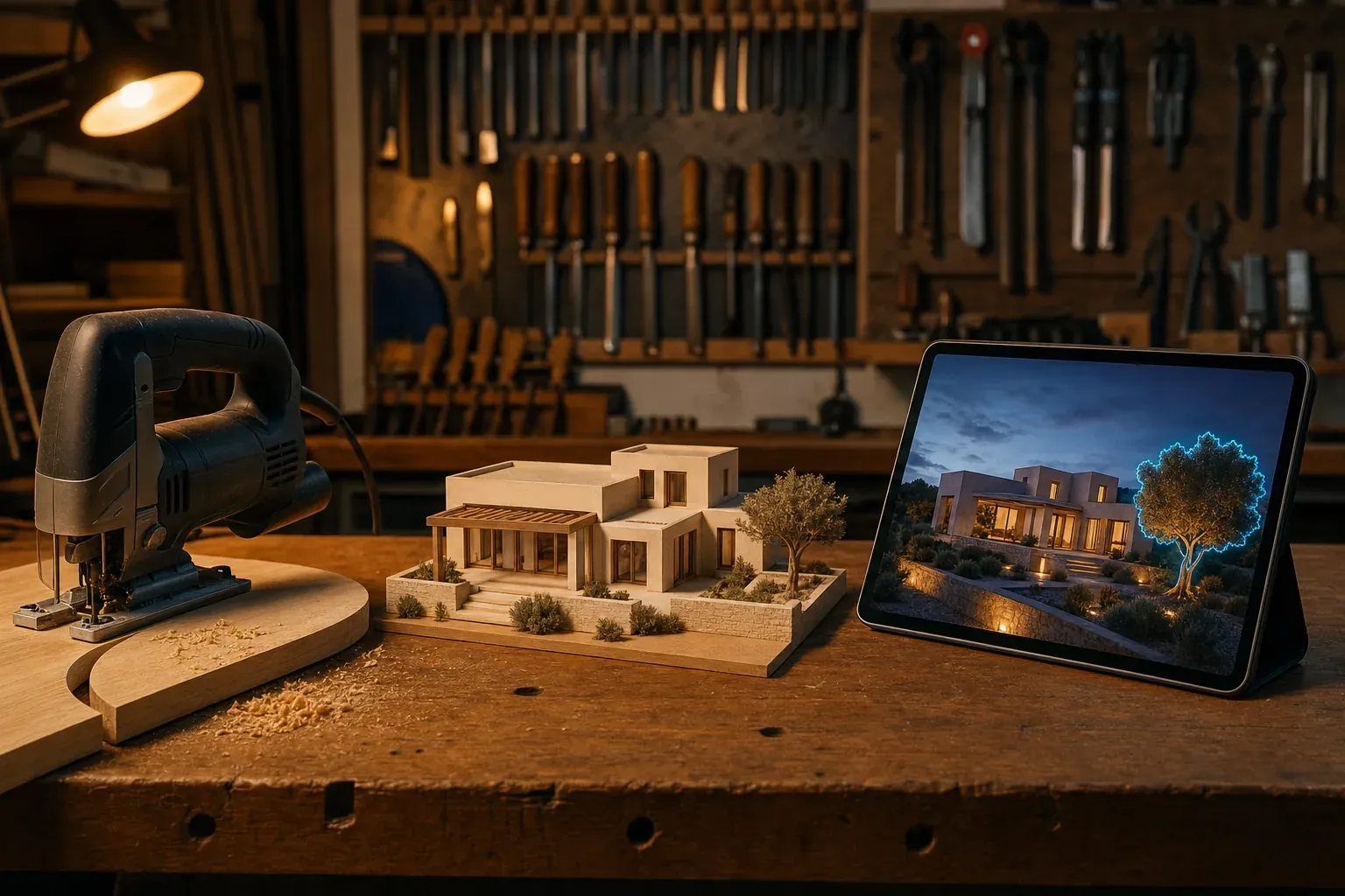 Carpenter's workbench with a jigsaw, an architectural scale model of a house and a tablet where only one olive tree in the render is selected for editing