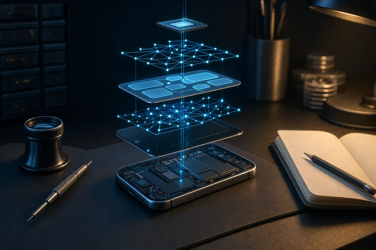 Móvil abierto sobre una mesa de trabajo con sus capas separadas en vista explosionada, una interfaz y redes de conexiones iluminadas en cian, junto a una lupa de relojero y una libreta