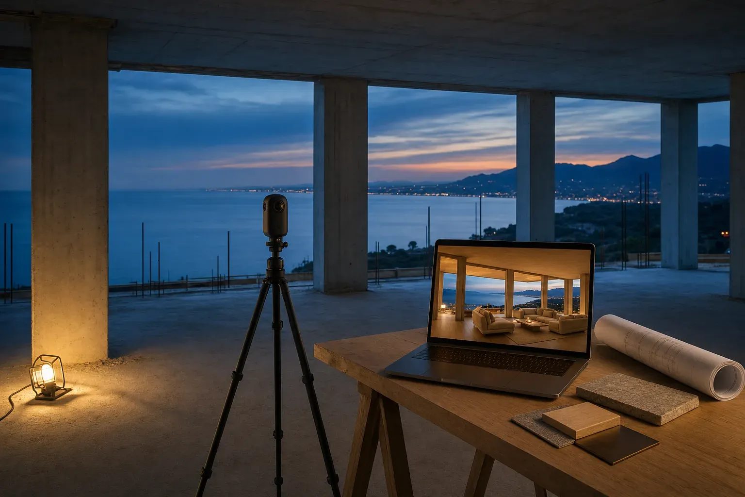 Living room of a villa under construction above the coast at dusk, with a 360° camera on a tripod and a laptop showing a render of the same space finished