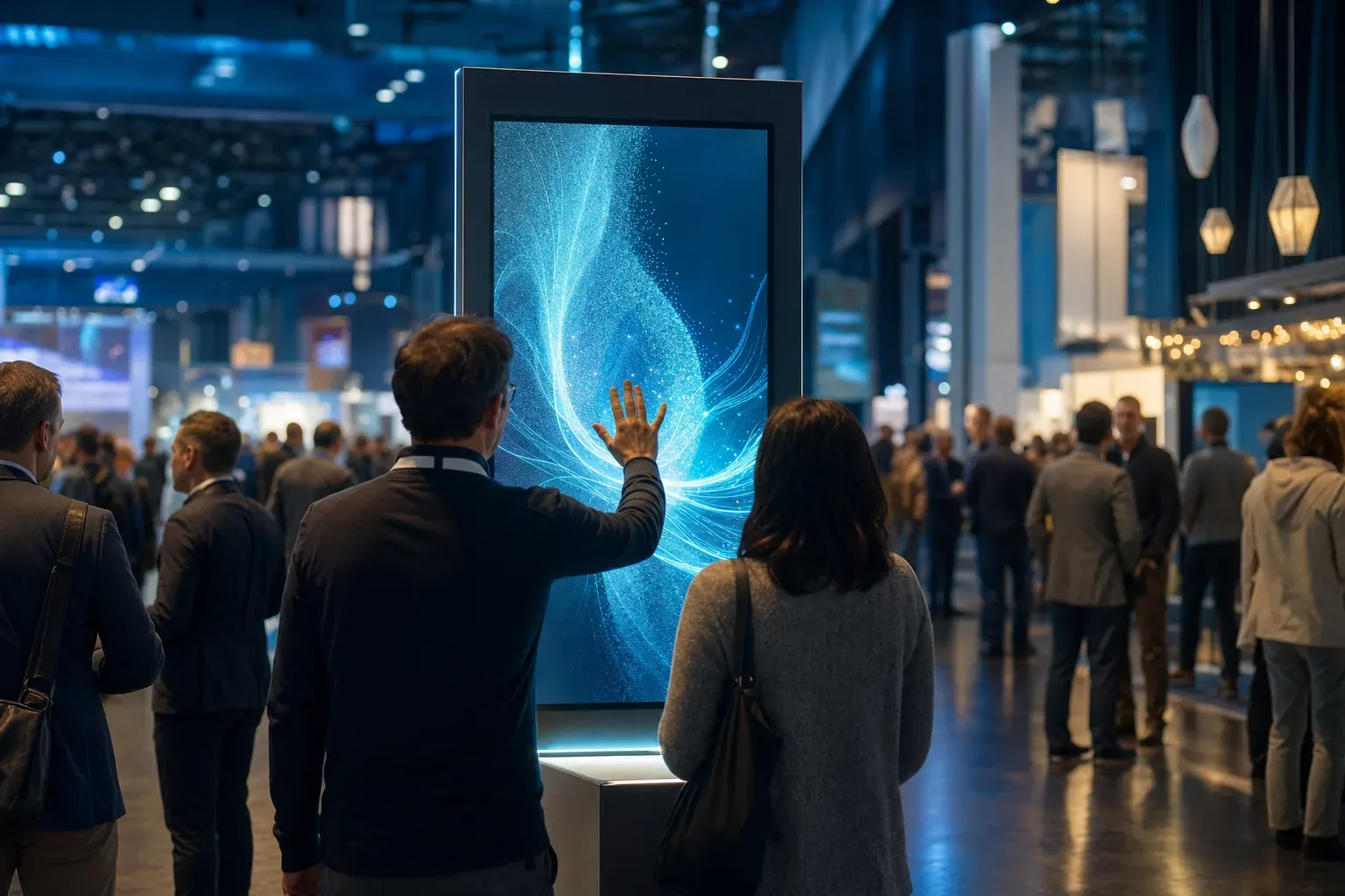 Congress attendees interacting with a glowing vertical screen in a trade fair aisle