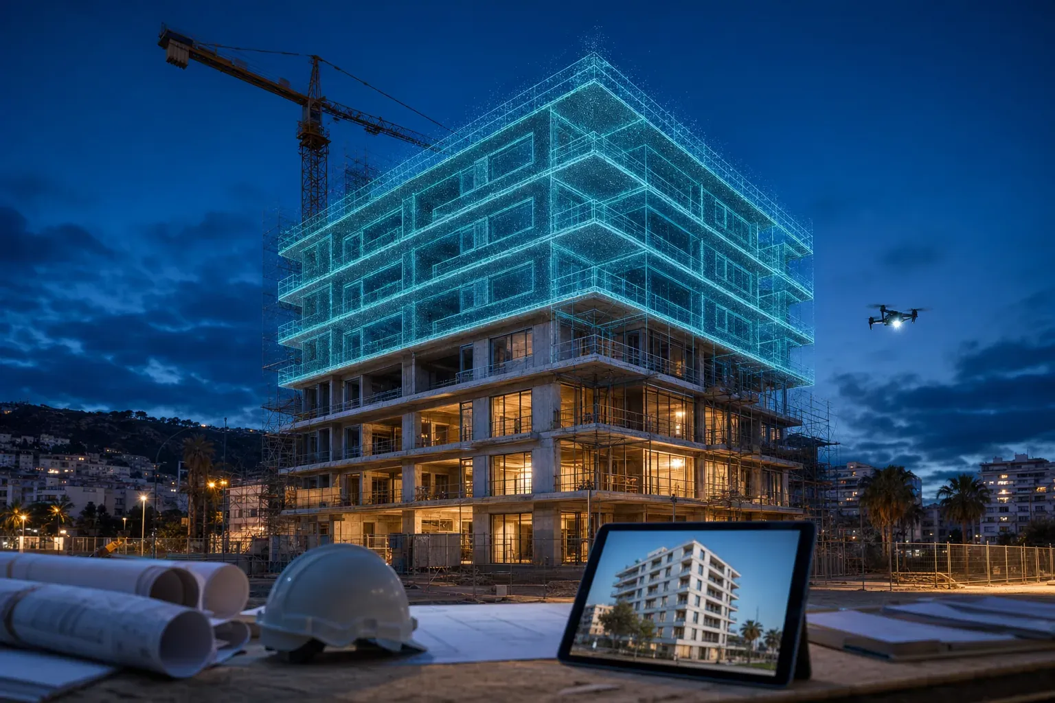 Residential building under construction at dusk, with a digital model of the finished building overlaid on the unfinished floors, a drone beside the façade and a tablet showing the completed building