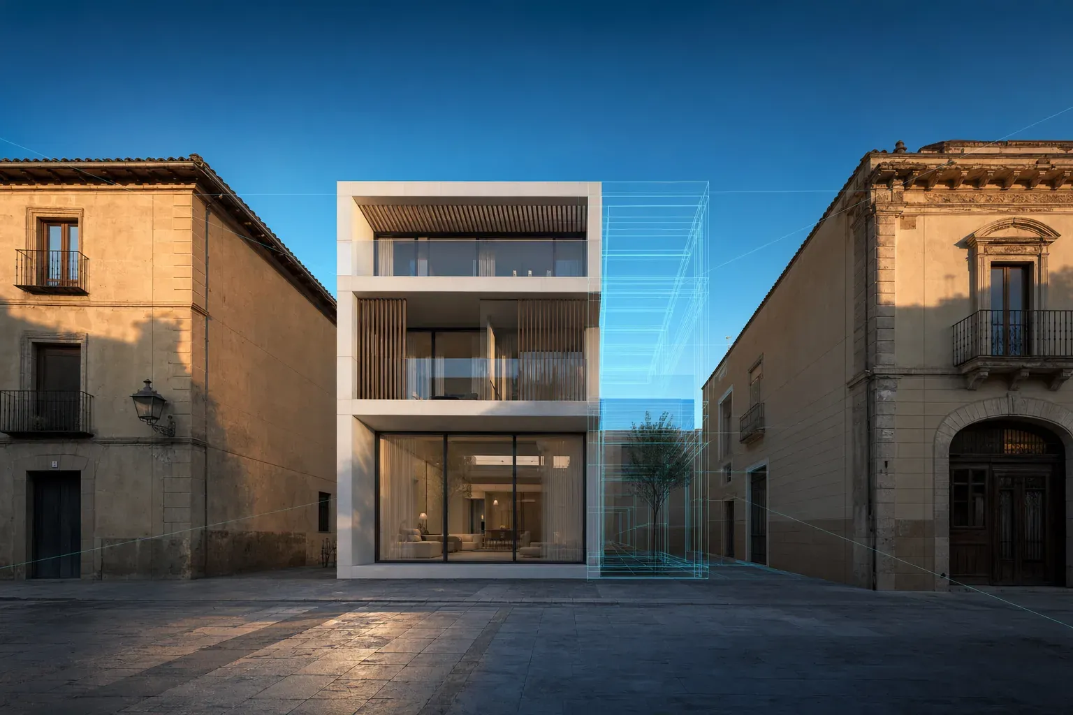 Contemporary building integrated into a photograph of a plot between two stone façades, with part of it shown as a cyan wireframe and vanishing lines revealing the camera match