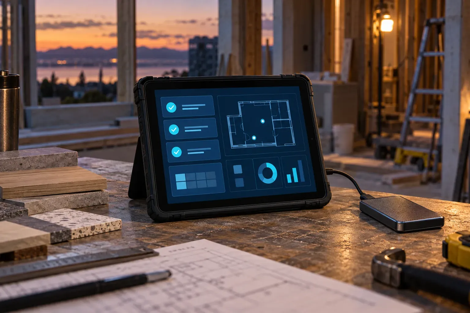 Tablet displaying an inspection application on a workbench at a construction site