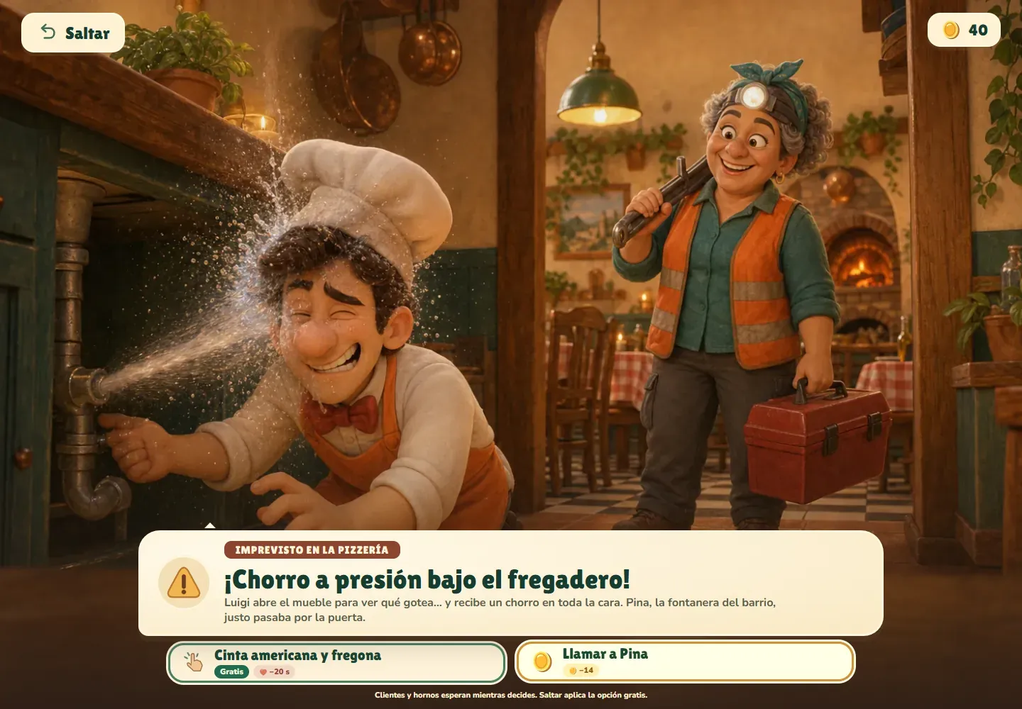 Escena ilustrada de un imprevisto en Luigi's Pizza House: una tubería rota moja a Luigi mientras llega la fontanera