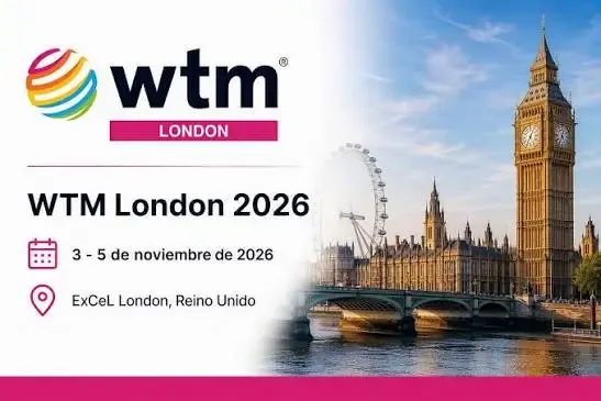 Cartel de WTM London 2026, del 3 al 5 de noviembre en ExCeL London, con el Big Ben, el Parlamento y el London Eye junto al Támesis